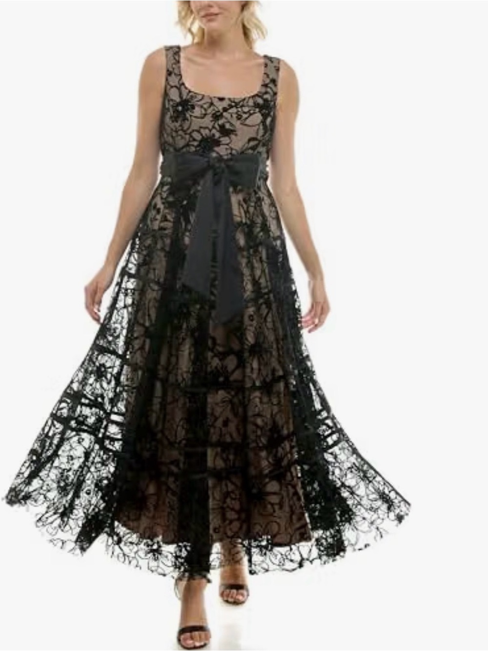Taylor Nude and Black Floral Lace Maxi Dress